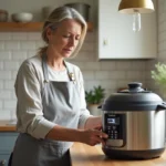 Femme inspectant son Cookeo affichant une erreur sur le comptoir de cuisine, tentant de rouvrir l'appareil en toute sécurité