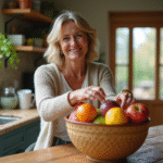 Femme souriante arrangeant des fruits dans une cuisine lumineuse