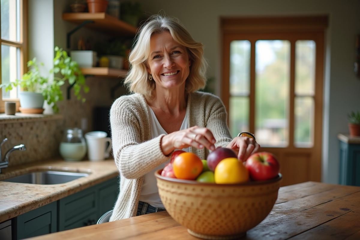 Femme souriante arrangeant des fruits dans une cuisine lumineuse