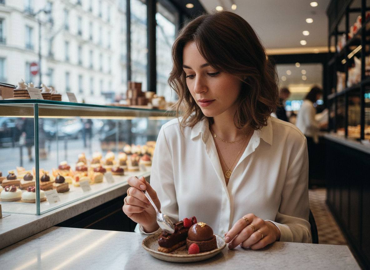 Jeune femme dégustant un dessert chocolaté à Paris