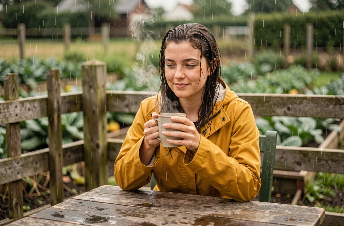 Femme en imperméable jaune savourant un café chaud sous la pluie dans une guinguette de ferme