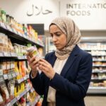 Jeune femme musulmane examine un produit halal en supermarche