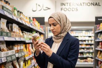 Jeune femme musulmane examine un produit halal en supermarche