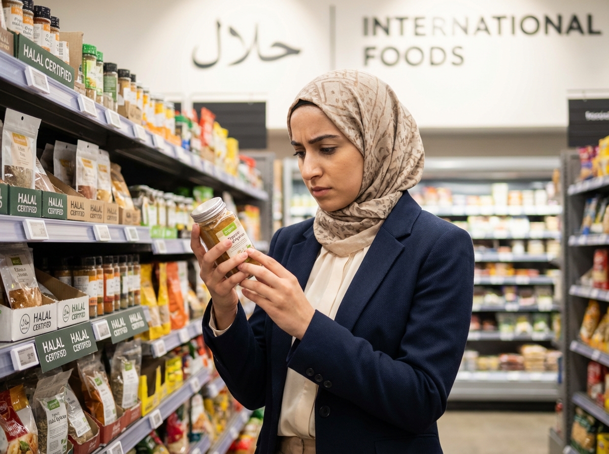 Jeune femme musulmane examine un produit halal en supermarche