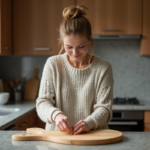 Femme en pull en laine huilant une planche en bois dans la cuisine