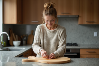 Femme en pull en laine huilant une planche en bois dans la cuisine