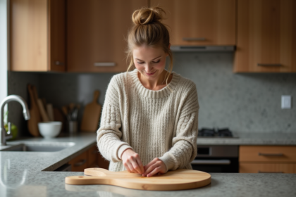 Femme en pull en laine huilant une planche en bois dans la cuisine