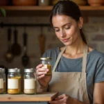 Femme en tablier de lin inspectant des bocaux d'épices étiquetés sur une étagère de cuisine rustique en bois