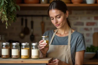 Femme en tablier de lin inspectant des bocaux d'épices étiquetés sur une étagère de cuisine rustique en bois