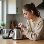 Femme examinant deux bouilloires électriques modernes