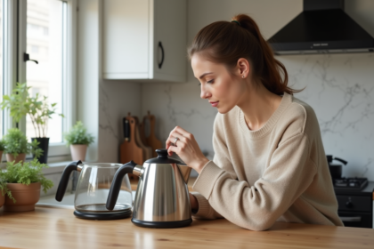 Femme examinant deux bouilloires électriques modernes