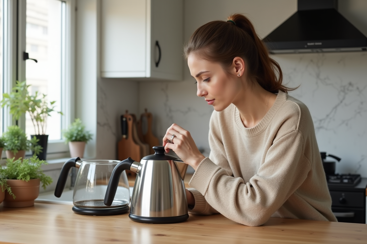 Femme examinant deux bouilloires électriques modernes