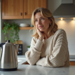 Femme dans la cuisine examine un kettle électrique