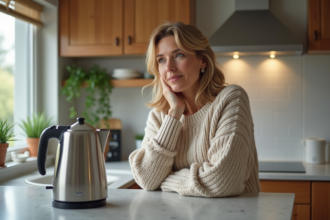 Femme dans la cuisine examine un kettle électrique