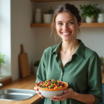 Femme souriante avec bol de legumes colorés dans la cuisine
