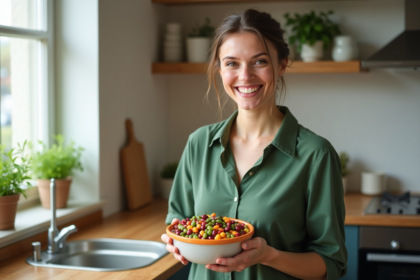 Femme souriante avec bol de legumes colorés dans la cuisine