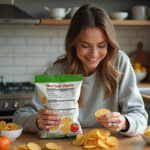 Femme souriante lisant une étiquette nutritionnelle de chips végétales