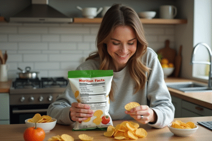 Femme souriante lisant une étiquette nutritionnelle de chips végétales
