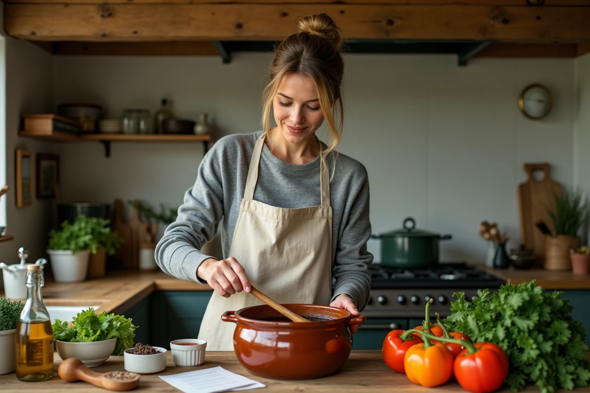 Femme préparant une marinade de chevreuil dans une cuisine de ferme avec des épices et des herbes fraîches