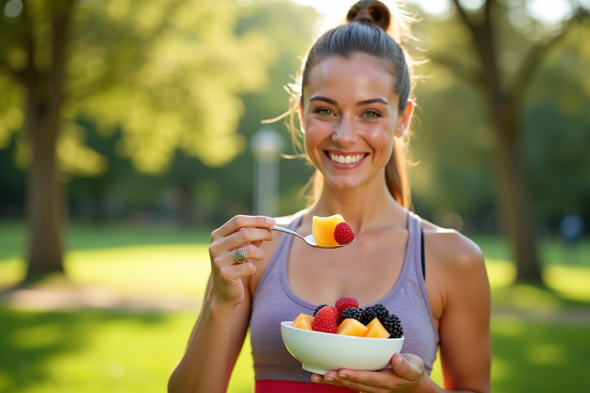 Femme souriante mangeant melons et fruits dans un parc ensoleille