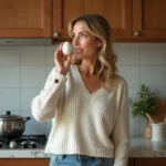 Femme d'âge moyen tenant un œuf dans la cuisine chaleureuse