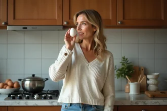 Femme d'âge moyen tenant un œuf dans la cuisine chaleureuse