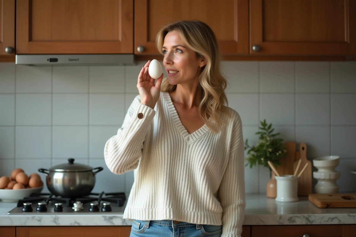 Femme d'âge moyen tenant un œuf dans la cuisine chaleureuse