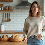 Femme en cuisine examinant deux types de pain