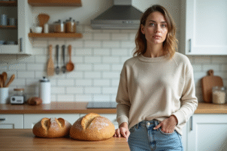 Femme en cuisine examinant deux types de pain