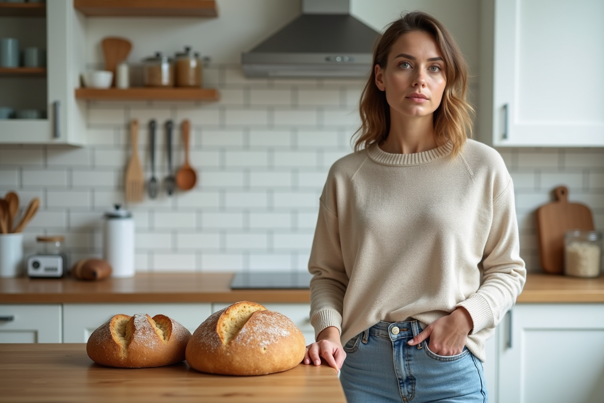 Femme en cuisine examinant deux types de pain