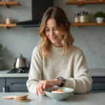 Femme souriante vérifiant l'heure avant le petit déjeuner dans une cuisine moderne