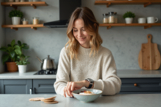 Femme souriante vérifiant l'heure avant le petit déjeuner dans une cuisine moderne