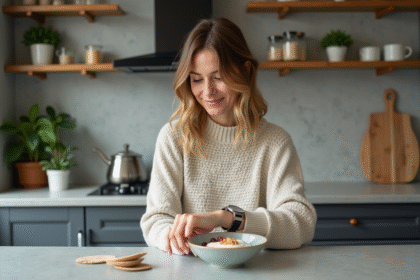 Femme souriante vérifiant l'heure avant le petit déjeuner dans une cuisine moderne