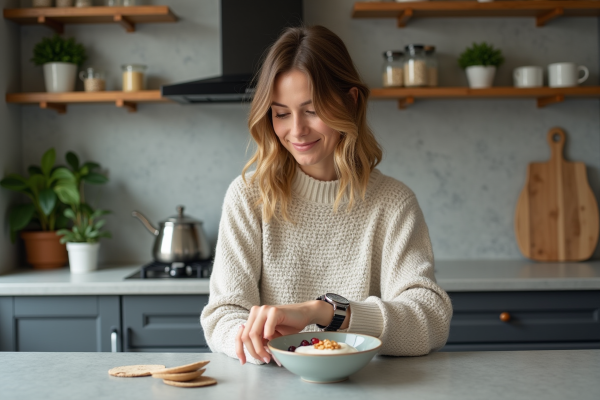 Femme souriante vérifiant l'heure avant le petit déjeuner dans une cuisine moderne