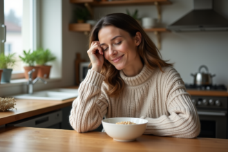 Femme en petit déjeuner matin dans la cuisine chaleureuse