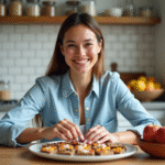 Femme en cuisine préparant un plateau de snacks sains