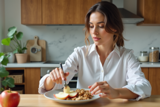 Femme en cuisine préparant une assiette de fruits et noix