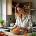 Femme râpant des carottes dans une cuisine lumineuse
