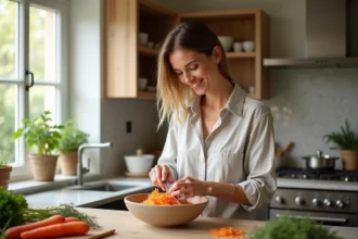 Femme râpant des carottes dans une cuisine lumineuse