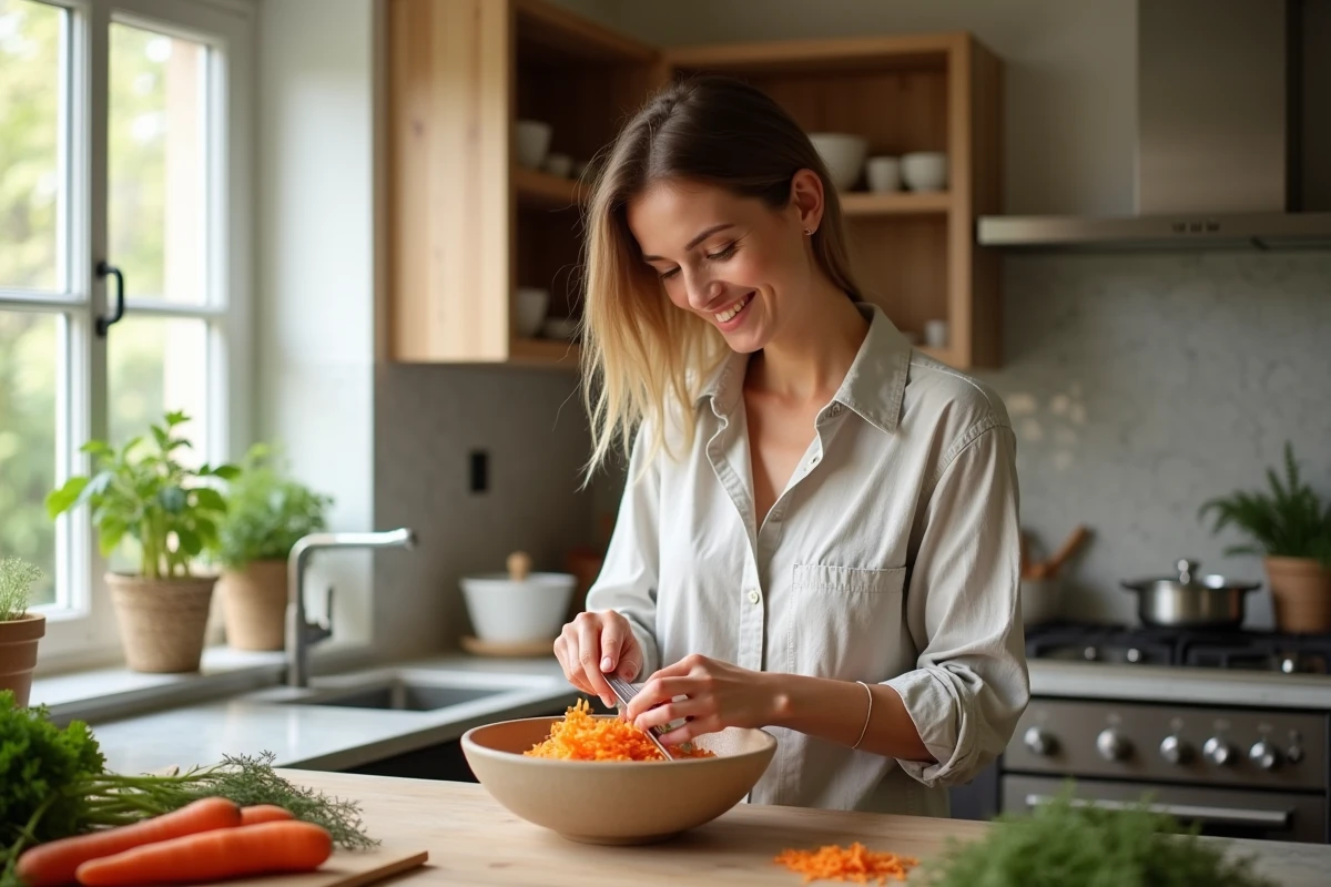 Femme râpant des carottes dans une cuisine lumineuse