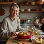 Femme souriante servant un plat de porc rôti et légumes d'hiver