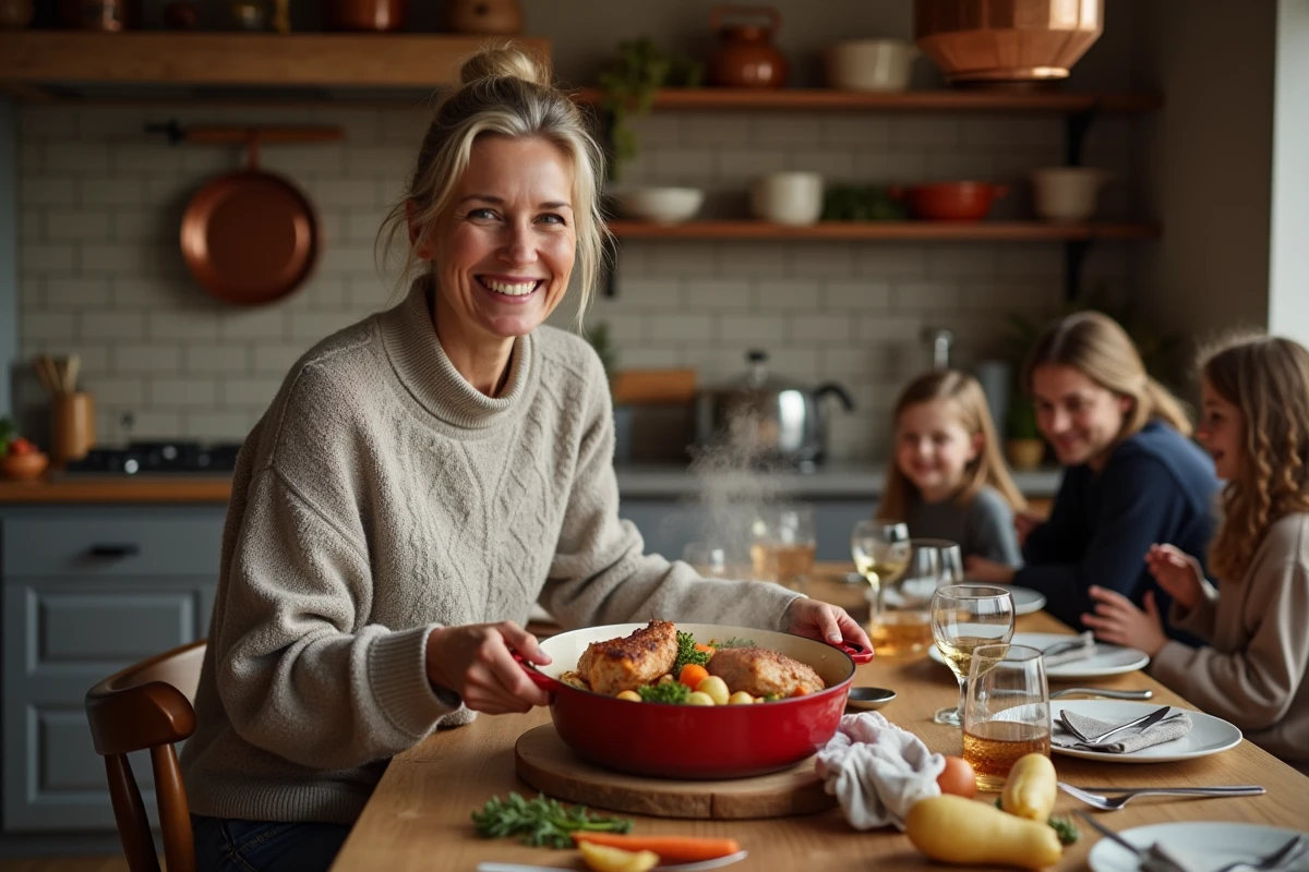 Femme souriante servant un plat de porc rôti et légumes d'hiver