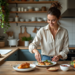 Femme souriante préparant un repas équilibré dans la cuisine
