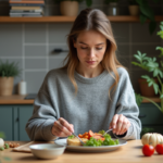 Femme préparant un repas équilibré dans une cuisine moderne