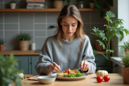 Femme préparant un repas équilibré dans une cuisine moderne