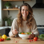Femme souriante dégustant une salade colorée à la cuisine