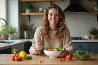 Femme souriante dégustant une salade colorée à la cuisine