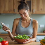 Femme en cuisine avec salade et livre diete