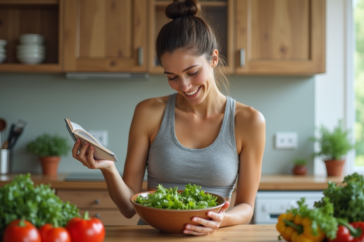 Femme en cuisine avec salade et livre diete