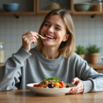 Femme souriante mangeant une salade de quinoa colorée